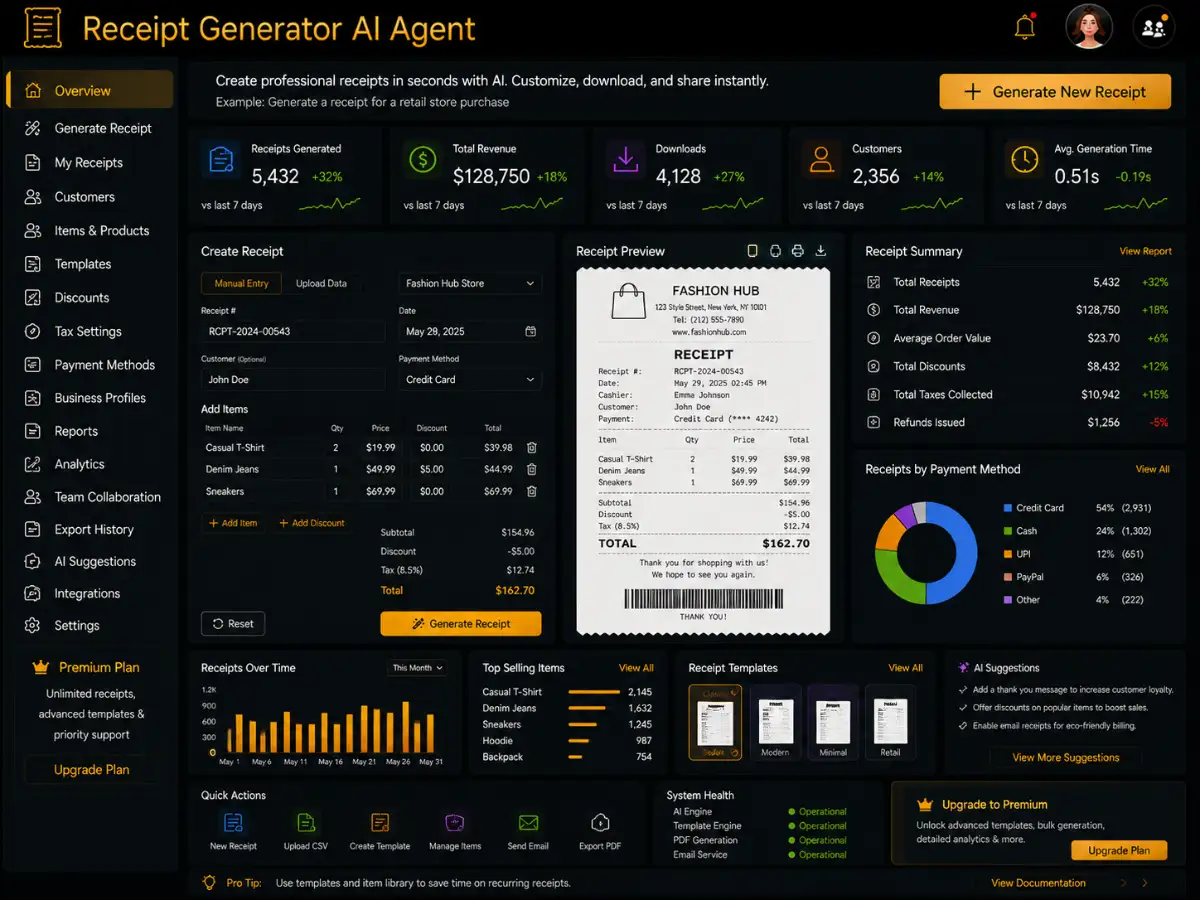 aireceiptgenerator.app AI receipt generator app — receipt dashboard preview